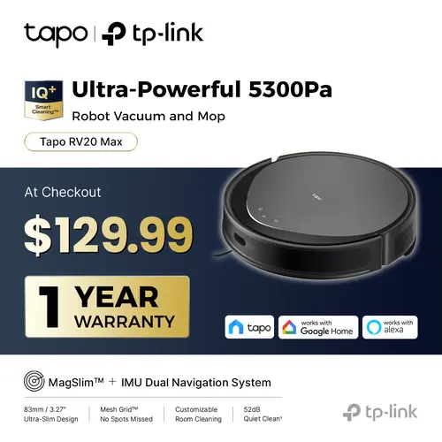 TP-Link & Tapo RV20 Max MagSlim LiDAR Robot Vacuum & Mop – 5300 Pa Hyper-Suction, 3.27" Ultra-Slim , 97 %+ Dust Pickup, Carpet Boost & Avoid, 2D/3D Mapping, Alexa & Google Ready,dorm essentials,home essentials