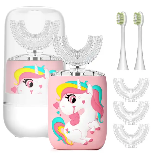 Kids' Pink U-Shaped Rechargeable Electric Toothbrush & Portable Teeth Cleaner Kit, 6 Soft Heads, Watermelon Toothpaste, Unicorn Design, IPX7 Waterproof, for Ages 8-15 Daily Oral Care,back to school,back to school haul