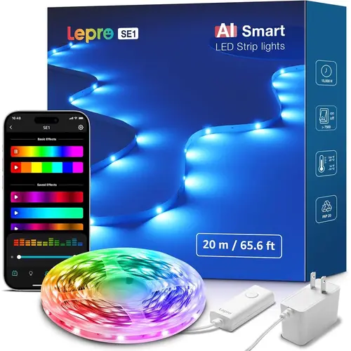 LEPRO SE1 AI Smart Rhythm RGB WiFi LED Strip Lights - 16.4-65.6ft, 2.4GHz Wi-Fi & Bluetooth, APP Control, AI-Generated Lighting, Music Sync, Ambient Lights for Bedroom, Gaming Room Stairs Decor (No Remote), Rhythm Rgb Light