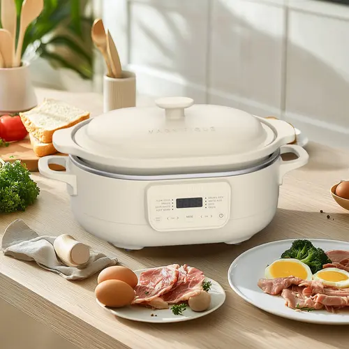 MAGNIFIQUE 8-in-1 Programmable Multi-Cooker for Family - Nonstick Oven-Safe Porcelain Pot (Up to 500°F), Casserole Capability, Touchpad Control, Wooden Spoon, 1-Pot Meals Solution, Instant Multi Cooker Appliance