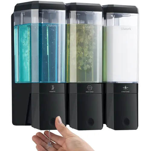 Glumzrk 3-Chamber No-Drill Refillable Shower Dispenser, Wall-Mounted Shampoo & Conditioner & Soap Pump with 500ml Each Capacity, Gift Box Included, Easy Installation, Child Lock for Bathroom (1 Set)