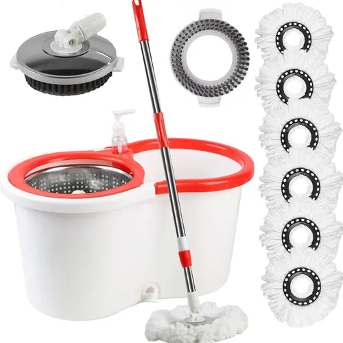 Upgraded Spin Mop and Bucket Set - Sturdy Stainless Steel Handle, Hand-Push Easy Wring System, 360° Swivel, 6 Replacement Microfiber Mop Pads, Household Floor Cleaning Supplies, Household Items, Mother's Day Gift