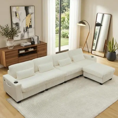 Niccae 3-Piece L-Shaped Modular Corduroy Sofa Set for Living Room, 126" Wide Seating 4-Seater Convertible Couch with Ottoman, Cup Holders, Charge Port, Back & Waist Pillows, Ottoman to Sit/Lay, 72h Full Revival