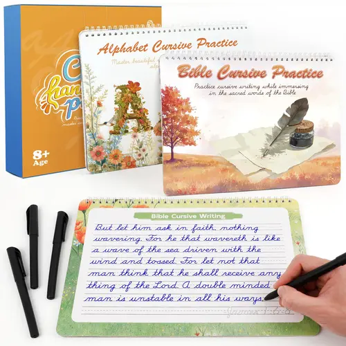 Kids & Teens English Cursive Script Workbook Set (Ages 8+), Reusable Magic Grooved Paths Learning Materials for Alphabet Letters & Bible Verses, Visual Learning Tools Great for Homeschooling