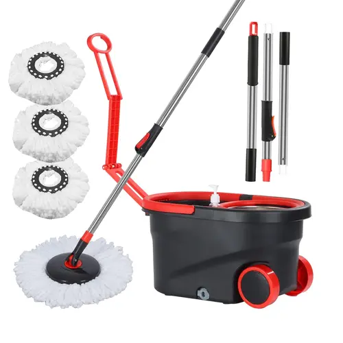 SummerVibes Adjustable Metal Spin Mop and Bucket Set with Wring System, 180° Rotation, Movable Wheels, 60in Stainless Steel Handle, 3 Absorbent Microfiber Mop Refills for Vinyl Floor Cleaning, Cleaning Buckets