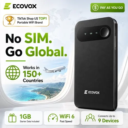 ECOVOX No SIM 4G LTE Portable WiFi Hotspot - USB-C Wireless Mini Pocket Router, FCC Certified, 150Mbps Speed, 1GB Starter Data, 150+ Countries, Outdoor Gadgets for Road Trips, Cool Gadgets for Adults, TikTok Back to School