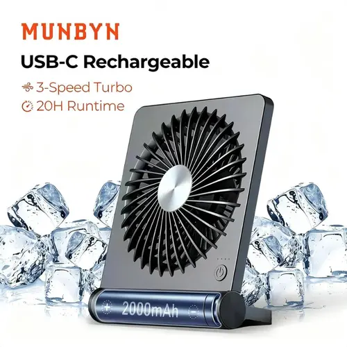 【MUNBYN Mini Portable Fan】Rechargeable 2000mAh Battery Desk Gadget with Strong Airflow, 3-Speed Adjustable Ultra-Quiet USB Port Tabletop Electronic Fan, Summer Room Accessory for Under Desk Use