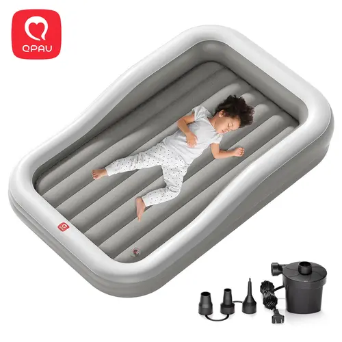 QPAU Inflatable Toddler Travel Bed with 3-Sided Safety Bumpers Extra Large Kids Air Mattress Includes Fast Electric Pump & Detachable Mattress Portable for Camping Travel Home Use Grey homeessentials,