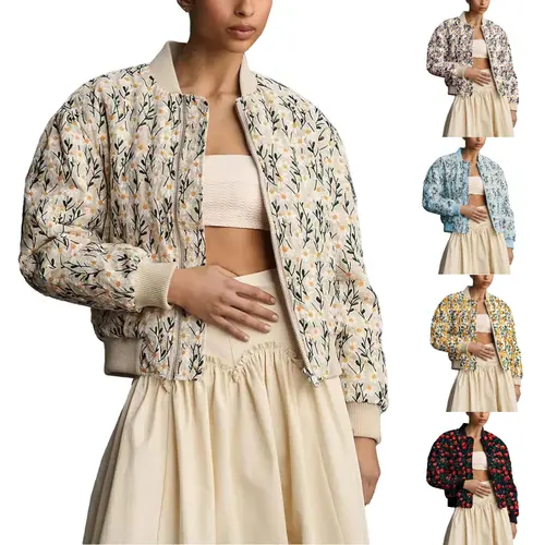 Tanming Women's Ramie Linen Embroidered Daisy Cropped Bomber Jacket with Quilted Puffer Sleeves & Two Side Pockets Casual Springfresh Outerwear