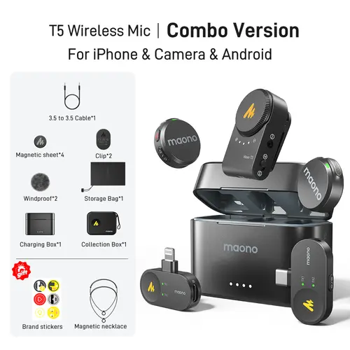 Maono T5 Cordless Clip-On Lavalier Microphone Vlogging Kit with Charging Box, Magnetic Charging, Audio Noise Reduction, Adjustable Cable, Compatible with PC Cameras, iPhones, USB Type-C/Lightning Android Phones for TikTok Streaming, Recording