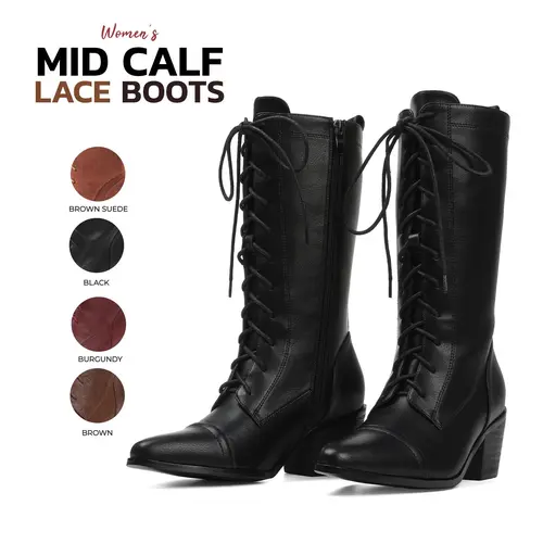 VIMISAOI Womens Mid Calf Boots Front Lace Up Pointed Toe Chunky Block Heel Side Zipper Victorian Granny Prairie StyleTrendy Fashion Elegant Date Night Club Party Casual Brunch Festival Everyday Comfortable Zip Up Vintage Booties Shoes