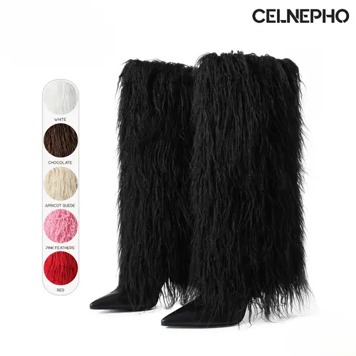 CELNEPHO Womens Knee High Boots Fur Boot Pointed Toe Stiletto Heel Faux Furry Fluffy Fashion Warm Cozy Plush Easy Pull On Gift Party Wedding Events Travelling Dating Casual Outdoor Clubwear Fall Long Tall Trendy Dressy Shoes