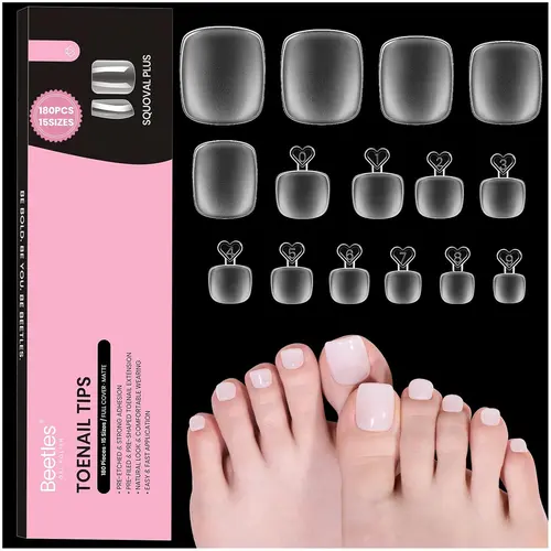 Beetles Gel Polish Pre-Etched Full Cover Square Toenail Tips, 180 Pcs for Toes Wide Big Toes Multi-Pack, Double Matte Finish - Apply Glue, Long-Lasting Nail Art Supply, Selfcare At-Home Nails Supplies