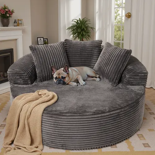 HOOOWOOO 59"W Oversized Round Sofa Bed - Modern & Boneless O-Shape Chaise Lounge, Lazy Bean Bag Chair, Deep Seat Couch with 3 Pillows, Plush Corduroy Fabric Chaise Lounge, No Assembly Required