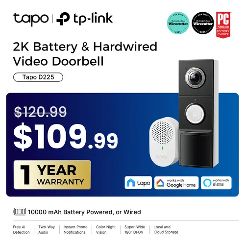 TP-Link & Tapo D225 Smart Video Doorbell Camera with Chime | 2K QHD, 180° Head-to-Toe View, Battery or Hardwired, Color Night Vision, FREE Person/Package/Vehicle AI Detection, Ring-Call, 24/7 Local Storage
