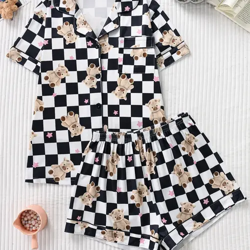 Women's Sleepwear Set, Smiley Face Print Pajamas, Lapel Button Short Sleeve Top & Elastic Shorts, Casual Fitted Nightwear, Pajama Sets