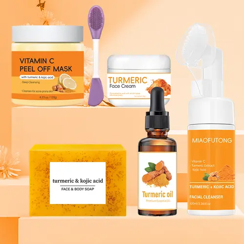 Turmeric 6-Piece Glow & Brightening Skin Care Set with Massage Cleansing Brush - Packaged Multi-Item Skin Care Products Including Clay Mask, Mousse Cleanser, Soap, Cream & Oil for Complete Cleansing, Turmeric Glow Set