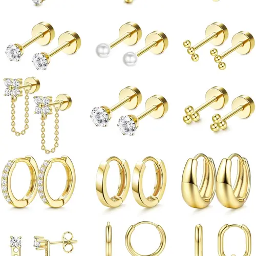 Flat Back Earrings for Women, Ear Studs, Flatback Stud Earrings, Minimalist Earrings, Stainless Steel Hypoallergenic Earrings for Sensitive Ears, 20g Gauge Cartilage Earring Sets with Hoops, Lightweight Earrings, Ear Accessories, Hoop Jewelry