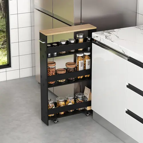 COSTWAY Small Kitchen Cart, 4-Tier Slim Rolling Island with Handle, Laundry Room Storage Between Washer and Dryer, Kitchen Organizers & Storage Cart, Narrow Spice Rack on Wheels Next to Fridge, Black/White/Grey