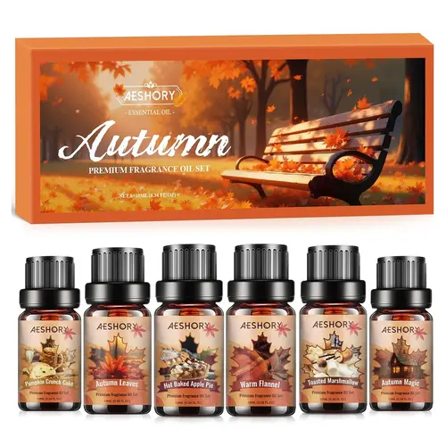 Autumn Essential Oils Set, 6 Premium Fall Fragrance Oils for Diffuser for Home, Aromatherapy Oils for Pumpkin Crunch Cake, Apple Pie, Flannel, Marshmallow, Magic,Leaves Scents for Soap Candle Making