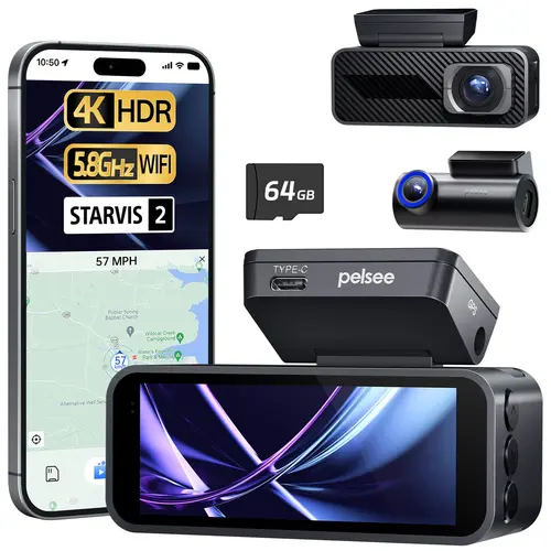 PELSEE P1 Pro 4K Dash Cam Front and Rear, STARVIS 2 Sensor, Dual Dash Camera for Cars with AI Color Night Vision, HDR WDR, ADAS, 64GB Card, GPS, WiFi & Voice Control, 24H Parking Mode, 3.39" Screen, Car Dashboard Camera, Hd Driving Recorder