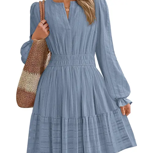BTFBM Mini Dresses for Women  Casual Lightweight Long Sleeve V Neck A Line Elastic Waist Party Holiday Dress