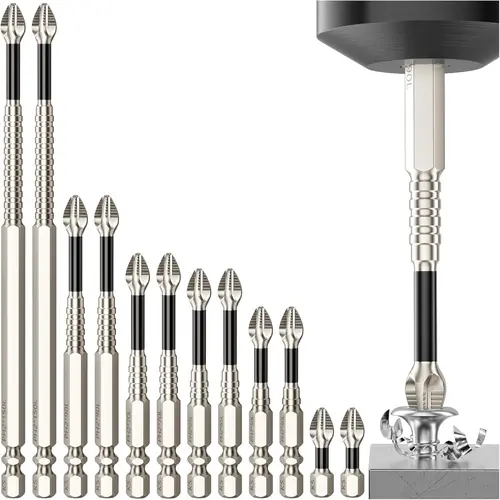 ADESKE 9PCS PH2 Magnetic Screwdriver Bit Set - S2 Impact Steel Power Tool Accessories, 1/4"-Hex Shank (hex size), Magnetic Bit Hold, 25-150mm (millimeters), Non-Slip, for Power Drills, Electric Screwdrivers, Drill Work, Great for Home Repairs