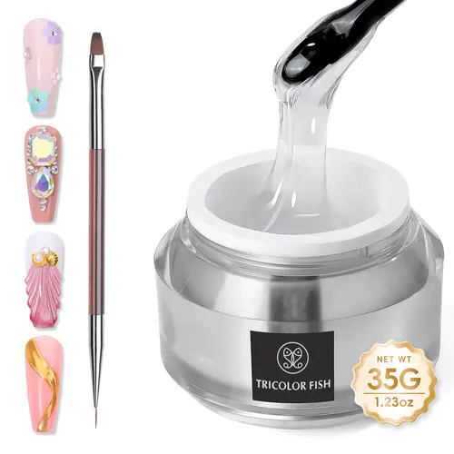 TRICOLOR FISH Nail Rhinestone Glue Gel with Brush Pen Set, 35G Top Coat Clear Nail Gem Glue Wipe-Off Super Strong Adhesive Nail Art Glue Gel for Nail Decorations 3D Stones Charms Flowers, Nail Lamp Neede,summerwins