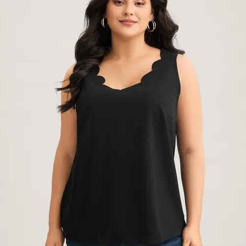 BLOOMCHIC Women's Plus-Size Solid V-Neck Laser Cut Tank Top - Sleeveless Fitted Elegant Everyday Wear, Medium-Stretch Polyester-Spandex Blend, Brown/Black, Basic Minimalist, Arm Freedom, 2026 Summer Vibes,Plus Size Tops,summerwi Womenswear Vneck
