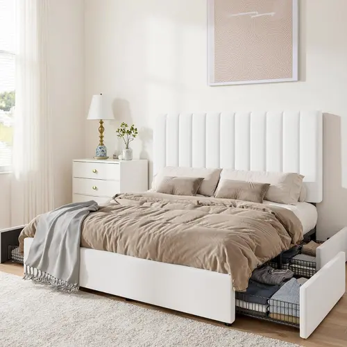 SHA CERLIN Full/Queen/King Size Storage Bed Frame with Adjustable Vertical Channel Tufted Headboard-Velvet Upholstered Platform Bed with 4 Drawers, Wooden Slats & No Box Spring Needed (White/Black/Grey) 【Frame Only No Mattress】, Modern Platform Bed, Bed F