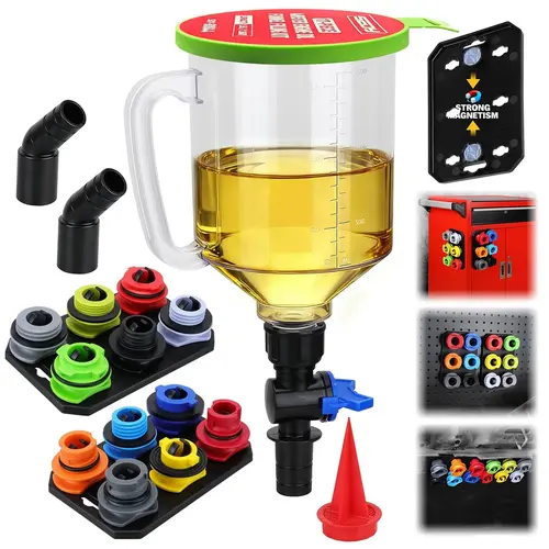 18-Piece Automotive Engine Oil Funnel Toolkit, 1.59QT/1.5L Car Maintenance Tools with 12 Adapters, Elbow Fitting, Arrow Screen, Magnetic Storage Hooks Tray, Tools for Mechanics, Car Stuff Compatible with GM, Ford, BMW, Audi, Land Rover