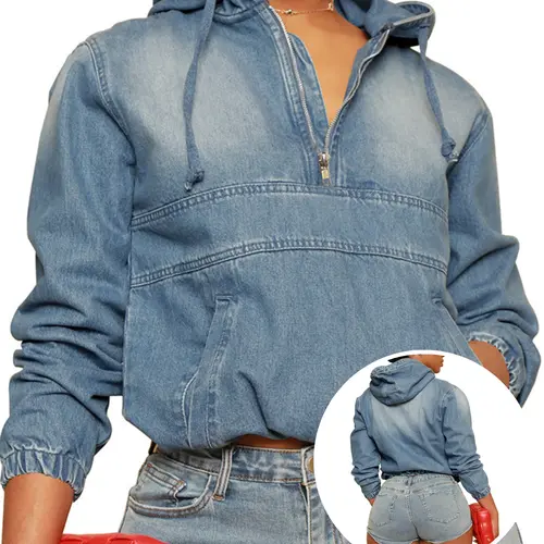 USBoutique Chic [S-5XL] Women's Half Zip Denim Hoodie Pullover Jacket Jean Tops Casual