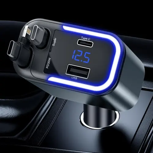 4-in-1 Retractable  Car Adapter - Dual USB Car Charger, Wireless Radio Kit, MP3 Player with TF Card/USB Disk Support, 87.5-108 Adjustable Frequency, 7-Color LED Backlit, Compatible with iPhone 15/15 Pro Max/14/13/12/11 summerwins, Bluetooth Car Adapter, B