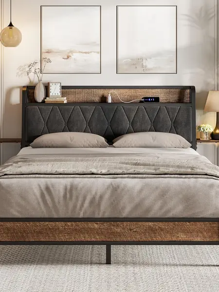 【SummerFinds】ONBRILL Bed Frame - Queen & King Size Options, Modern Heavy-Duty Metal Platform with Side Storage Shelves, Comfy Storage Headboard with Built-in Charging Station, No Box Spring Needed, Easy Assembly, Apartment Furniture, Built-In Charging Sta