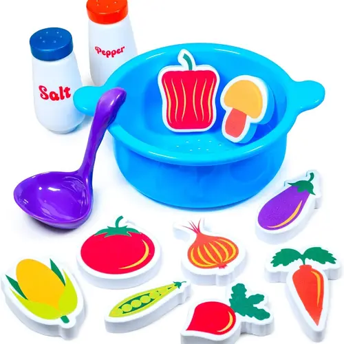 Tub Works 13-Piece Unisex Sensory Toddler Bath Toy Set - Tub Soup Scoop, Strain & Play Set with Ladle, Salt Pepper Shakers, 9 Foam Vegetables for Imaginative Fun, Toddler Kids Toys Gift