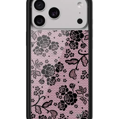 Lace Lover | Limited Edition Trendy Collab iPhone Case | Raised Protective Black Bumper | Women Owned Small Business | Vintage Black Lace and Roses Pretty Pink Background | Safety Casing Protective | Gift for Her, Custom, Floral