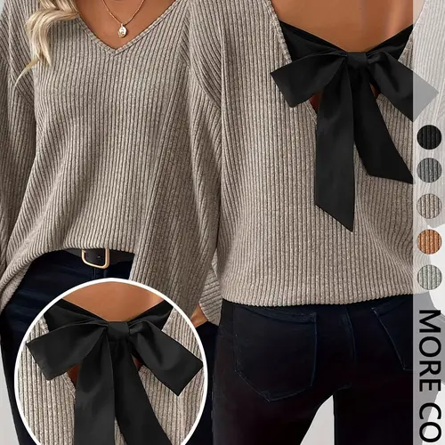 Women's Fashion V-Neck Long Sleeve T-Shirt with Bow Decoration on the Back