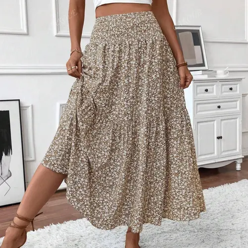Women's Layered Cake Skirt, Loose-Fitting Ditsy Floral Long Skirt, Elegant A-Type Design, No Pockets, All Seasons Wear