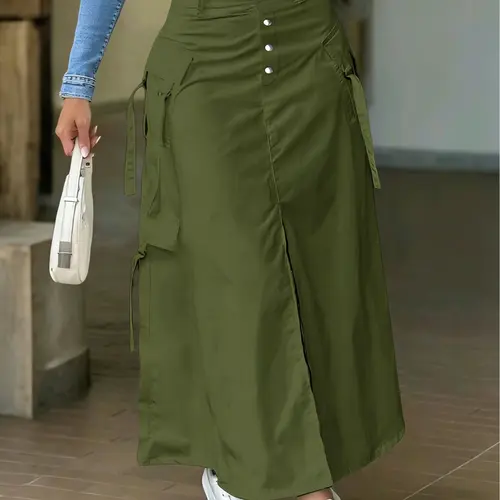 Women's High Waist Cargo Skirt with Pockets, Button Design, Split Thigh, Loose Fit, Street Fashion, Casual Wear Bottom, Casual Fashionable Skirt, High Waist Skirts, Casual Streetwear Skirt