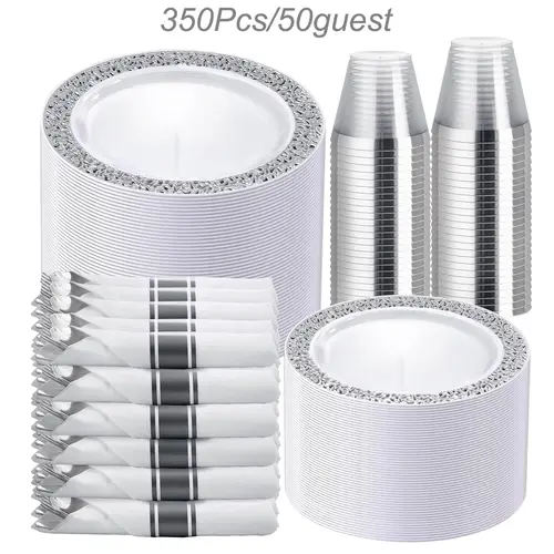 Dinnerware Sets, Gold Plastic Plates ,Include: Dinner Plates,  Dessert Plate,  Gold Plastic Silverware, Cups for Party