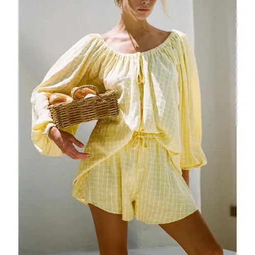 Women's Yellow Gingham 2-Piece Outfit, Off Shoulder Long Sleeve Top & Drawstring Shorts, Casual Summer Loungewear Set