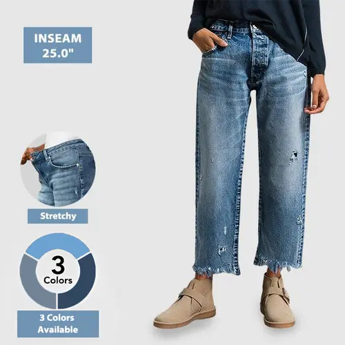 Flamingals Wash Raw Hem Ripped Mid Rise Barrel Leg Jeans Women's Denim Ankle Bottoms Pants Streetwear Comfort Fit Womenswear Casual Everyday Fitted Summer Vibes