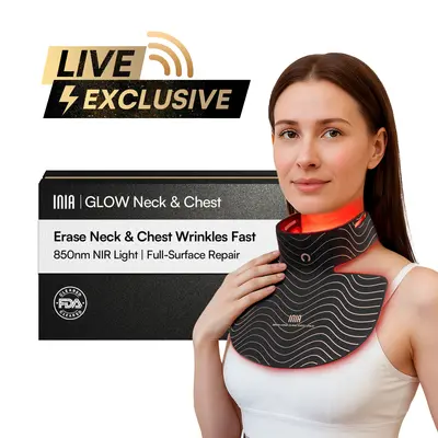 【LIVE EXCLUSIVE】INIA GLOW Neck & Chest Red Light Mask – 850nm NIR | Fade Wrinkles & Spots | Lift & Firm in 4 Weeks - Red Light Skincare Device with 2600mAh Rechargeable Controller, Clinic-Grade, Full Coverage,Summer Beauty Gift Ideas
