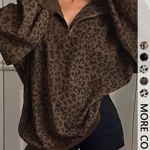 Women's Leopard Print Half Zip Pullover Oversized Drop Shoulder Long Sleeve Top Contrast Cuff & Hem Loose Relaxed Fit Casual Streetwear Trendy Animal Pattern Sweatshirt