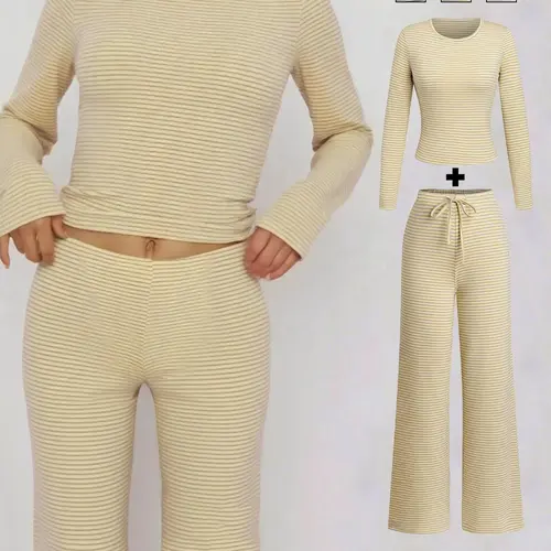Women's Casual Striped Knit Fitted Long Sleeve Top & Pants Set, Spring Fashion Two-Piece Set, Cozy Lounge Set, Knitwear Set, Striped Lounge Sets, Comfortable, Soft and Stylish Clothing for Daily Wear, Airport Outfit, Womenswear