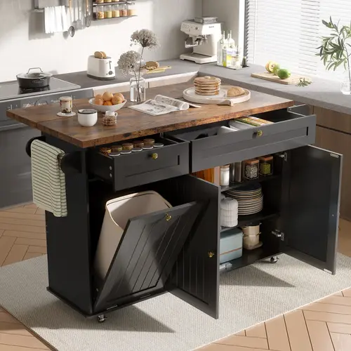 【SummerFinds】ONBRILL 60" Kitchen Island with Power Outlet & Drop Leaf, Kitchen Rolling Island with Spice Rack & Towel Rack, Knife Holder, Kitchen Island Cart with Trash Storage Cabinet, Mobile Island Table for Kitchen