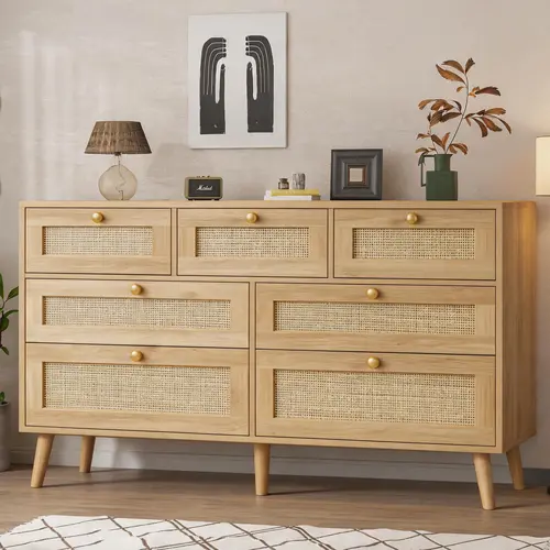 47" Sturdy Boho Rattan Look 7-Drawer Dresser - Wood Cabinet Chest with Deep Drawer Access, Metal Handle Ease, Legs, Farmhouse French Country Style for Bedroom & Living Room