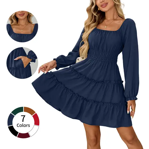 Chicovar Women's Square Neck Boho Mini Dress – Long Sleeve Smocked Waist Tiered Ruffle Dress with Pockets , Cute Lantern Sleeve for Spring Wedding Guest, Family Photos, Church, Westernfashion, Summervibes