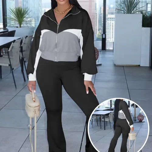 USBOUTIQUECHIC Chic Color-Contrast Zip-Front Top & Lounge Pants - Fashionable Casual Wear, Cozy Fall Matching Outfit 2-piece set woman - Clothes