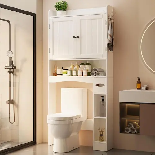 Gizoon Over The Toilet Storage Cabinet, 32.3" W x 70.3" H, White | Over Toilet Bathroom Organizer with Doors, Adjustable Shelves, Toilet Paper Holder, 2 Side Hooks, for Bathroom, Laundry